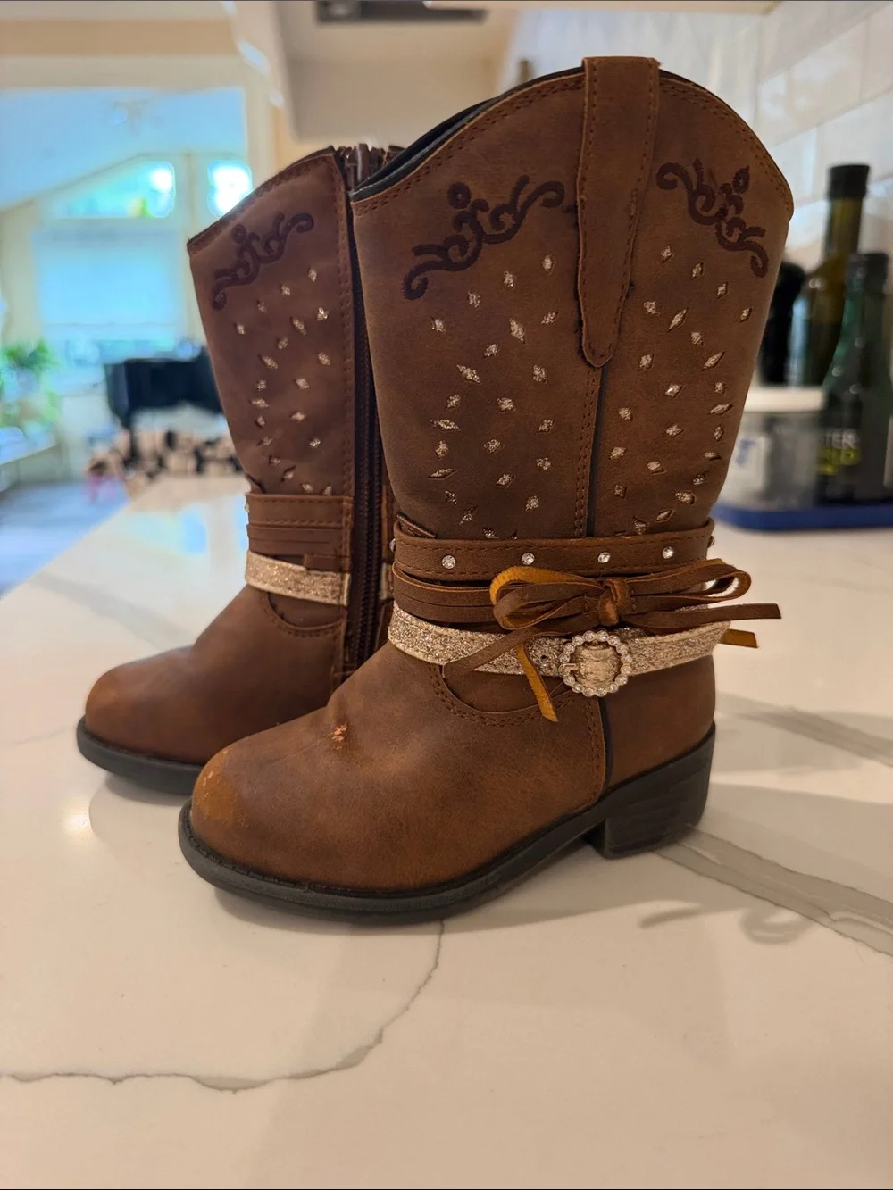Girls Brown Cowboy Boots with Glitter & Bow Accent